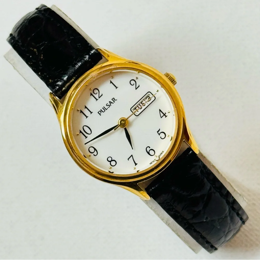 Seiko Pulsar 24mm Women's Day/Date Watch Gold Black Croco Leather VX83-X002 - Picture 1 of 14